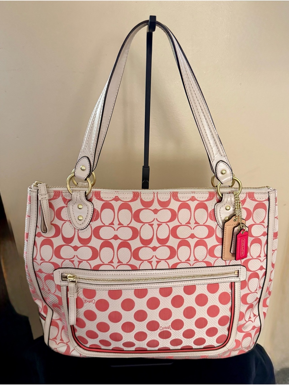 Coach Pink and Cream Signature Polka Dot Tote